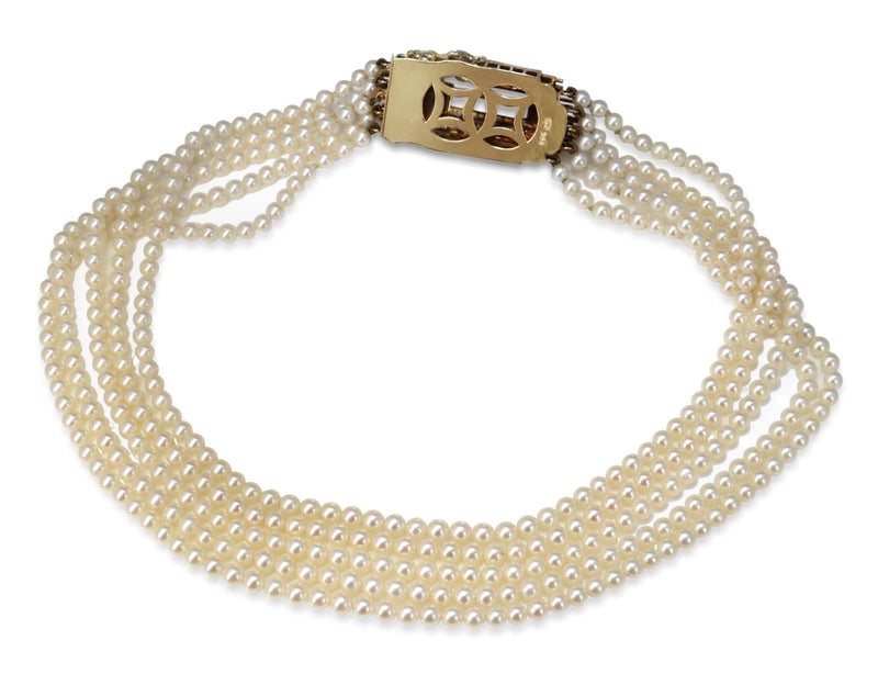 14ct Yellow Gold Rose Quartz and Akoya Pearl 5 Strand Necklace