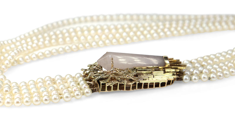 14ct Yellow Gold Rose Quartz and Akoya Pearl 5 Strand Necklace