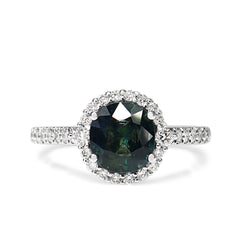 18ct White Gold Teal Sapphire and Diamond Halo Ring
