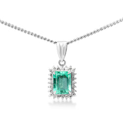 Platinum Emerald and Diamond Halo Necklace