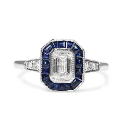 Platinum Art Deco Style Sapphire and Diamond Halo Ring