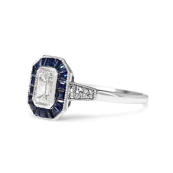 Platinum Art Deco Style Sapphire and Diamond Halo Ring