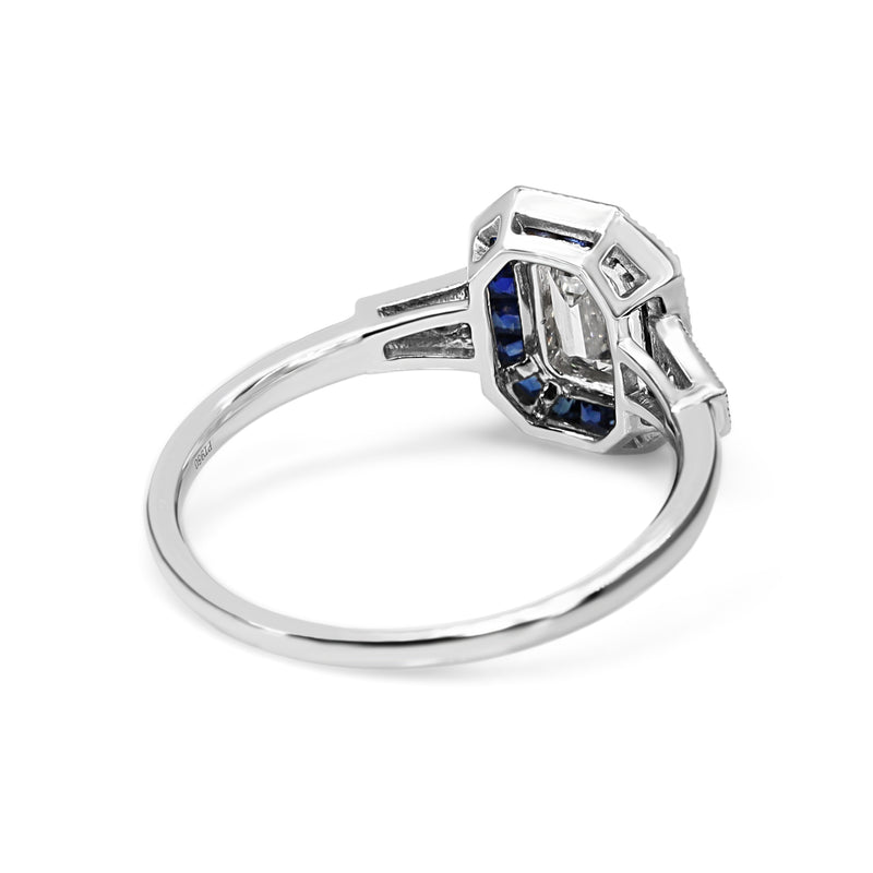 Platinum Art Deco Style Sapphire and Diamond Halo Ring