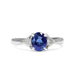 Platinum Sapphire and Trillion Cut Diamond 3 Stone Ring