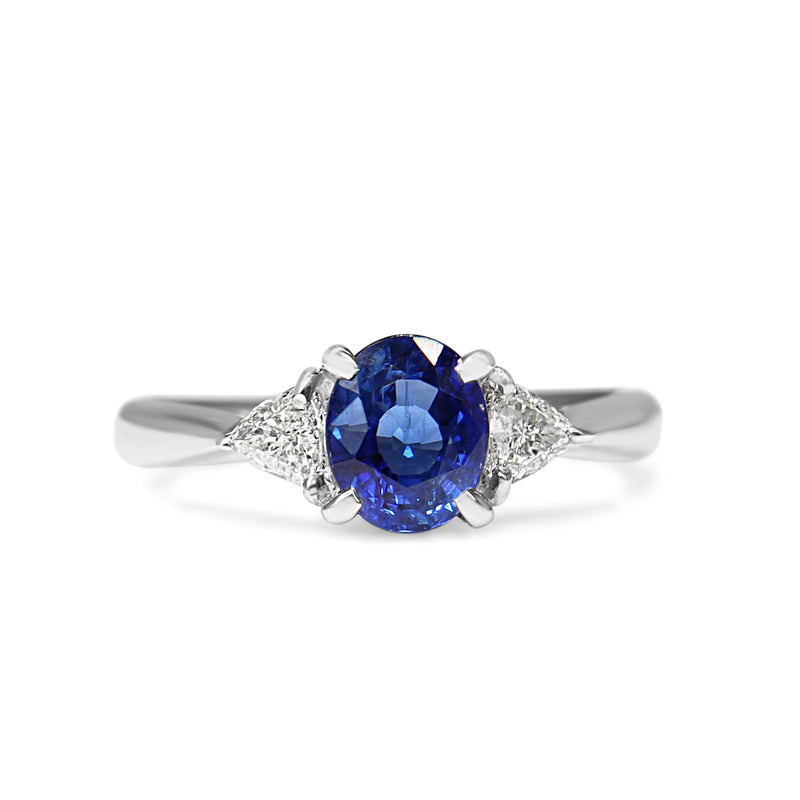 Platinum Sapphire and Trillion Cut Diamond 3 Stone Ring