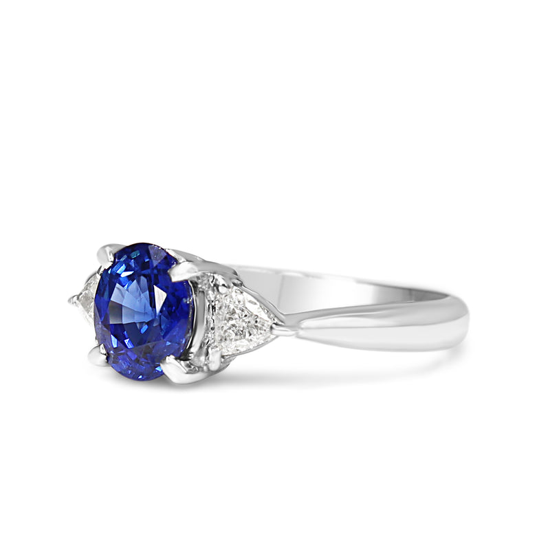 Platinum Sapphire and Trillion Cut Diamond 3 Stone Ring