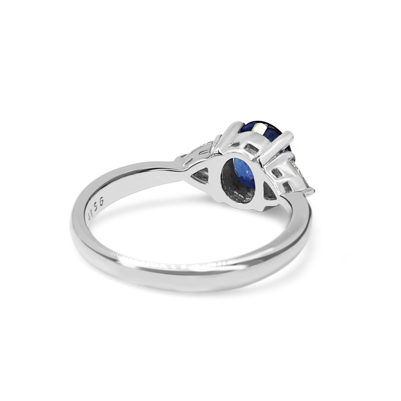 Platinum Sapphire and Trillion Cut Diamond 3 Stone Ring