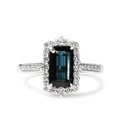 18ct White Gold Emerald Cut Sapphire and Diamond Halo Ring