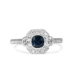 18ct White Gold Sapphire and Diamond Halo Art Deco Style Ring