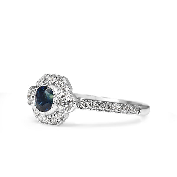 18ct White Gold Sapphire and Diamond Halo Art Deco Style Ring