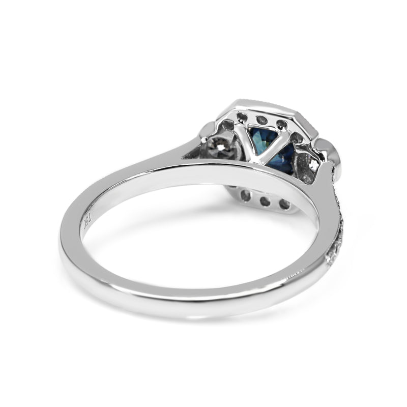 18ct White Gold Sapphire and Diamond Halo Art Deco Style Ring