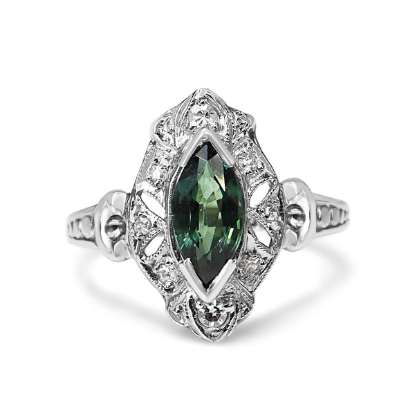 Platinum Deco Marquise Green Sapphire and Diamond Ring