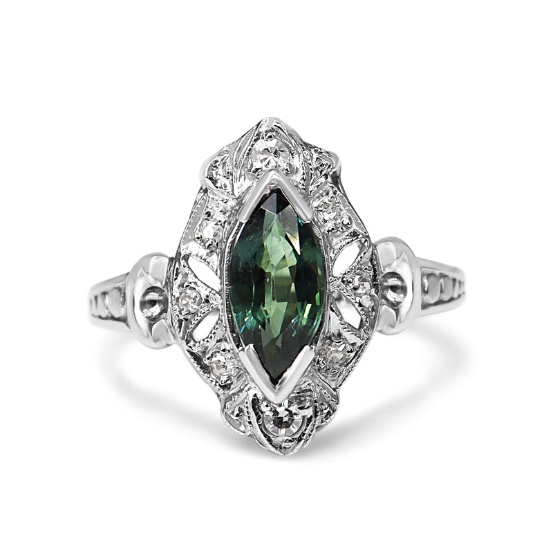 Platinum Deco Marquise Green Sapphire and Diamond Ring