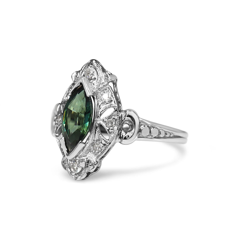 Platinum Deco Marquise Green Sapphire and Diamond Ring