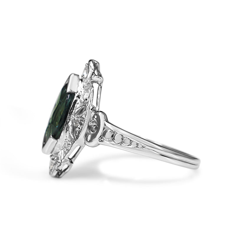 Platinum Deco Marquise Green Sapphire and Diamond Ring