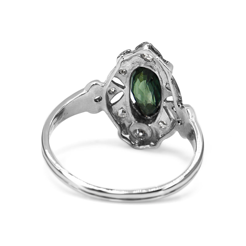 Platinum Deco Marquise Green Sapphire and Diamond Ring