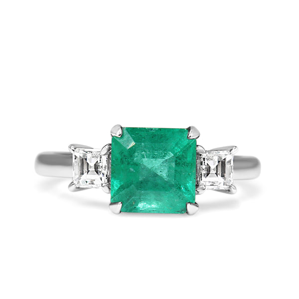 18ct White Gold Emerald and Carré Cut Diamond 3 Stone Ring