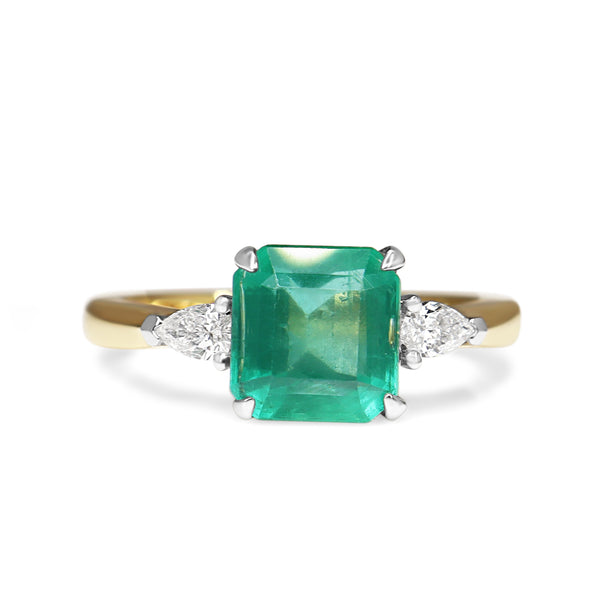 18ct Yellow and White Gold Emerald and Pear Cut Diamond 3 Stone Ring