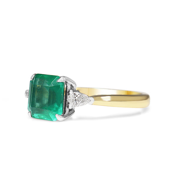 18ct Yellow and White Gold Emerald and Pear Cut Diamond 3 Stone Ring