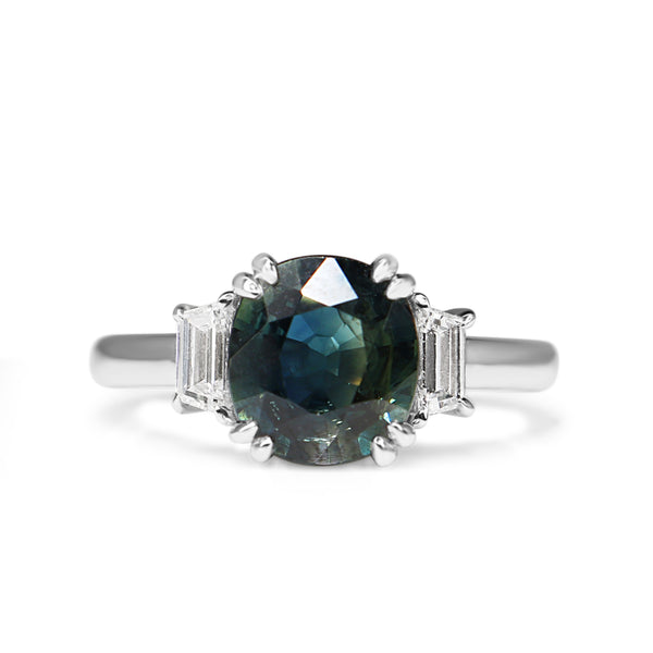 18ct White Gold Teal Sapphire and Step Cut Trapezoid Diamond 3 Stone Ring
