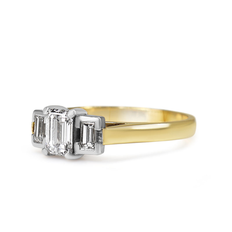 18ct Yellow and White Gold Emerald and Baguette Cut 3 Stone Diamond Ring