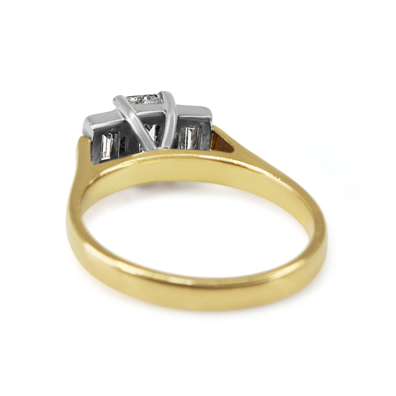 18ct Yellow and White Gold Emerald and Baguette Cut 3 Stone Diamond Ring