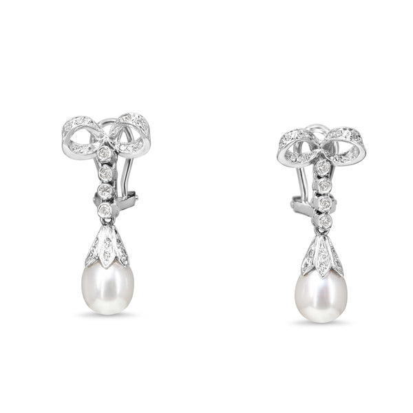 Palladium Vintage 7mm Fresh Water Pearl and Single Cut Diamond Bow Earrings