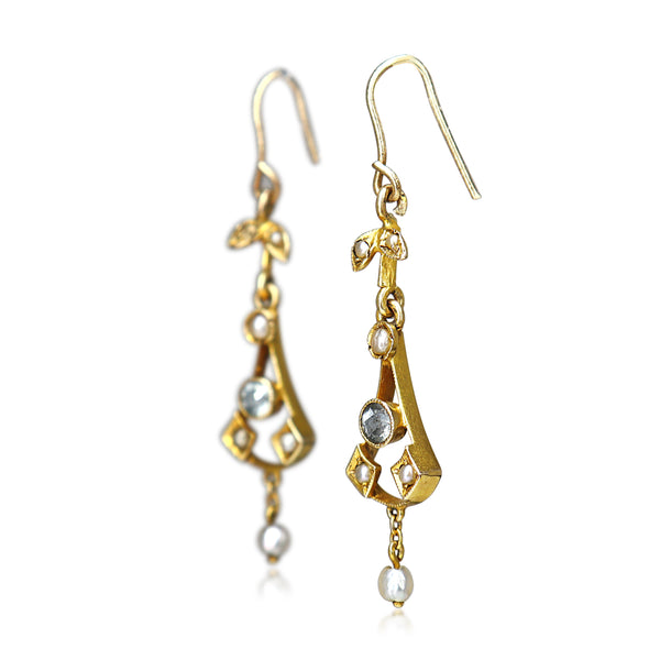 9ct Yellow Gold Antique Aquamarine and Pearl Earrings