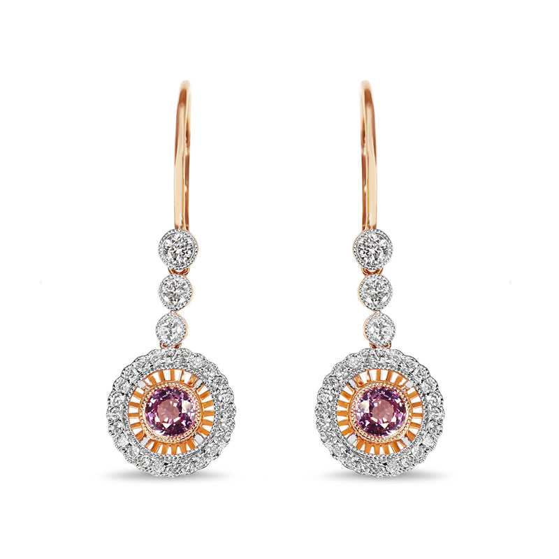 18ct Rose and White Gold Pink Sapphire and Diamond Halo Drop Earrings