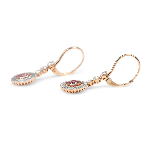 18ct Rose and White Gold Pink Sapphire and Diamond Halo Drop Earrings