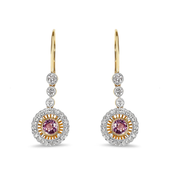 18ct Yellow and White Gold Pink Sapphire and Diamond Halo Drop Earrings