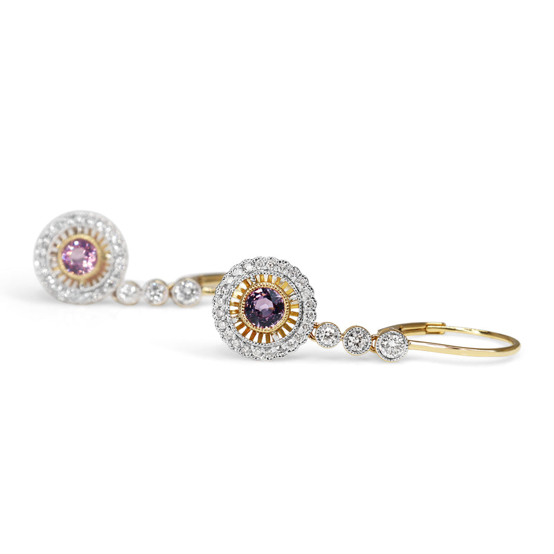 18ct Yellow and White Gold Pink Sapphire and Diamond Halo Drop Earrings