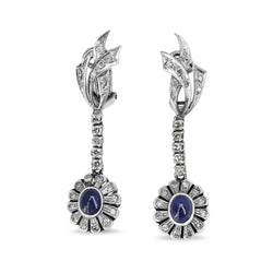 Palladium Cabochon Sapphire and Single Cut Diamond Vintage Earrings