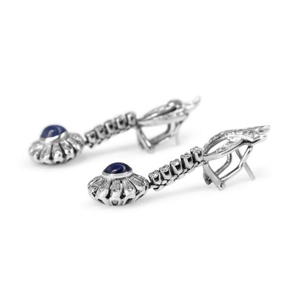 Palladium Cabochon Sapphire and Single Cut Diamond Vintage Earrings