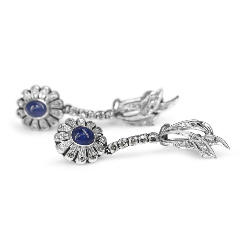 Palladium Cabochon Sapphire and Single Cut Diamond Vintage Earrings