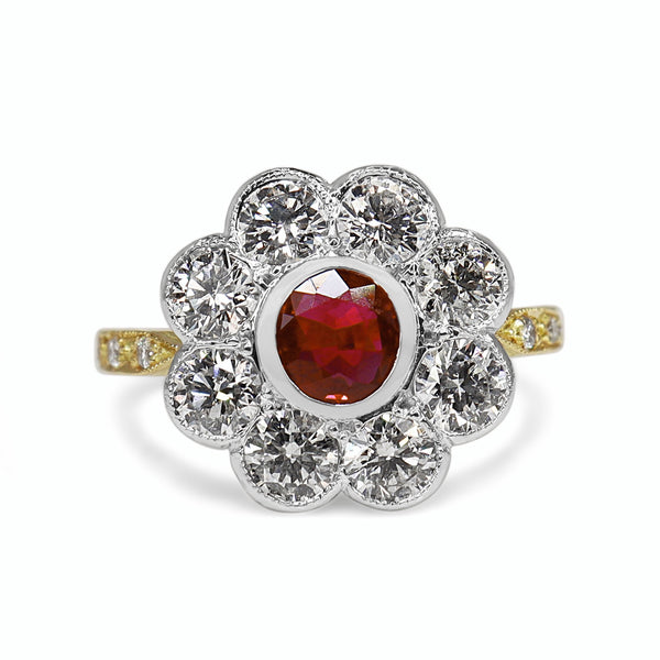 18ct Yellow and White Gold Ruby and Diamond Daisy Ring