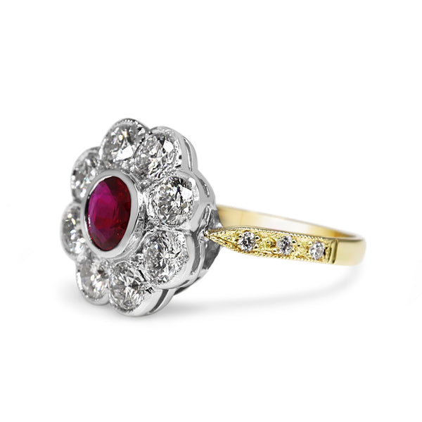 18ct Yellow and White Gold Ruby and Diamond Daisy Ring