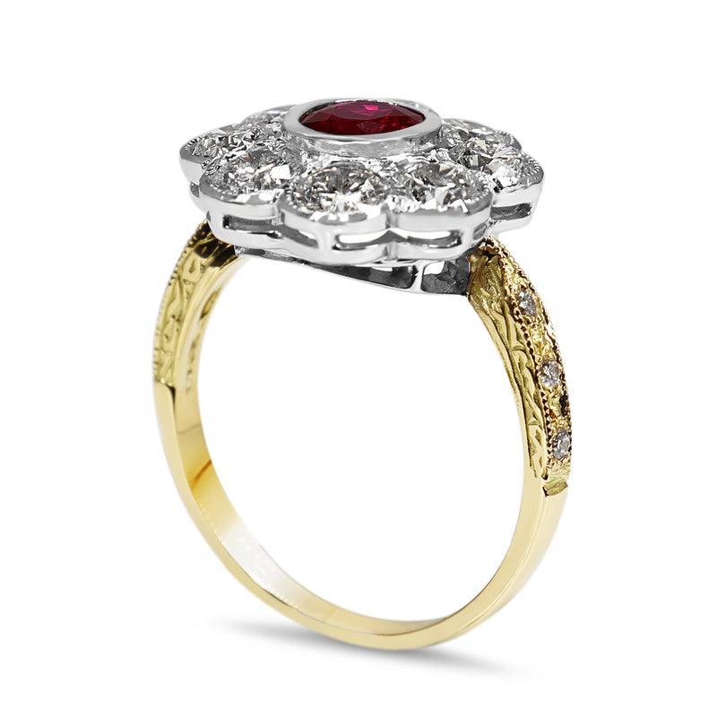 18ct Yellow and White Gold Ruby and Diamond Daisy Ring