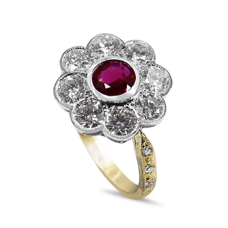 18ct Yellow and White Gold Ruby and Diamond Daisy Ring