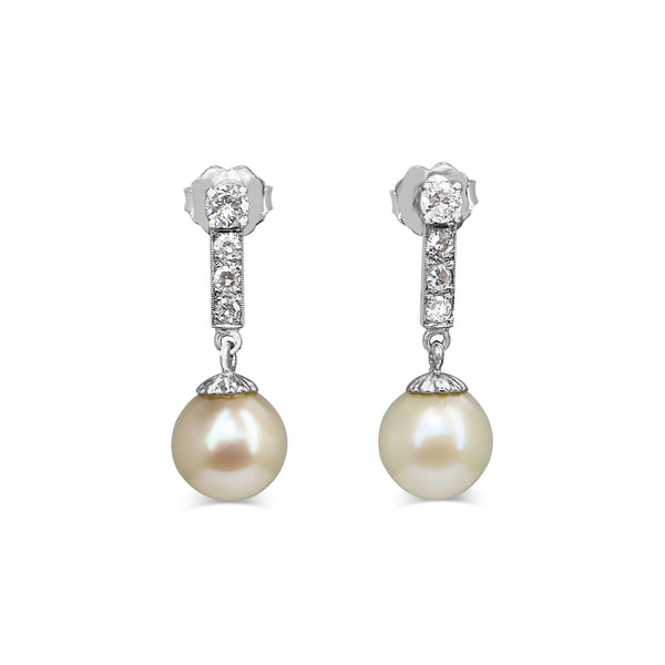 18ct White Gold 8mm Sea Pearls and Diamond Drop Vintage Earrings
