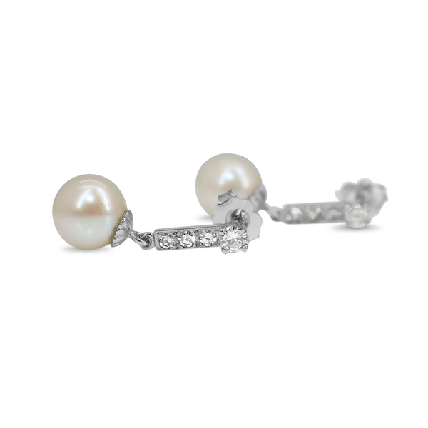 18ct White Gold 8mm Sea Pearls and Diamond Drop Vintage Earrings