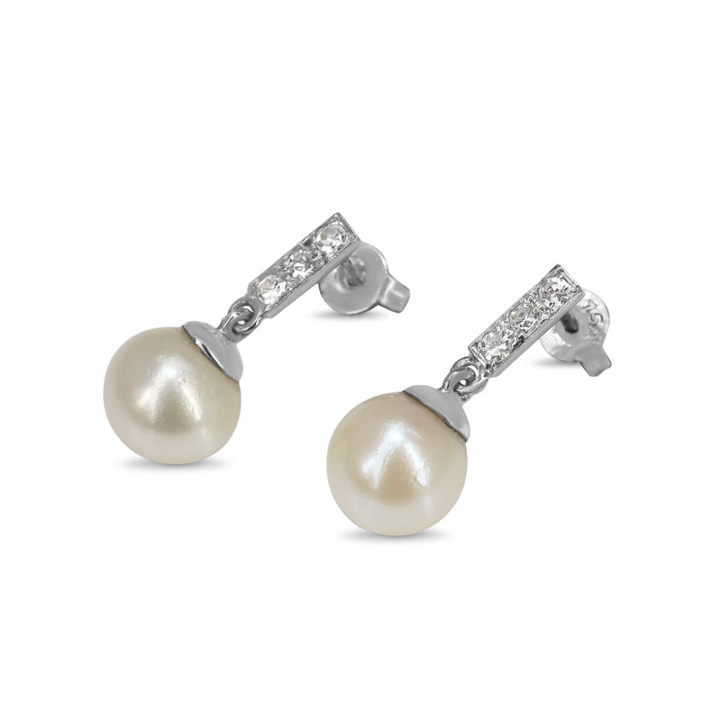 18ct White Gold 8mm Sea Pearls and Diamond Drop Vintage Earrings