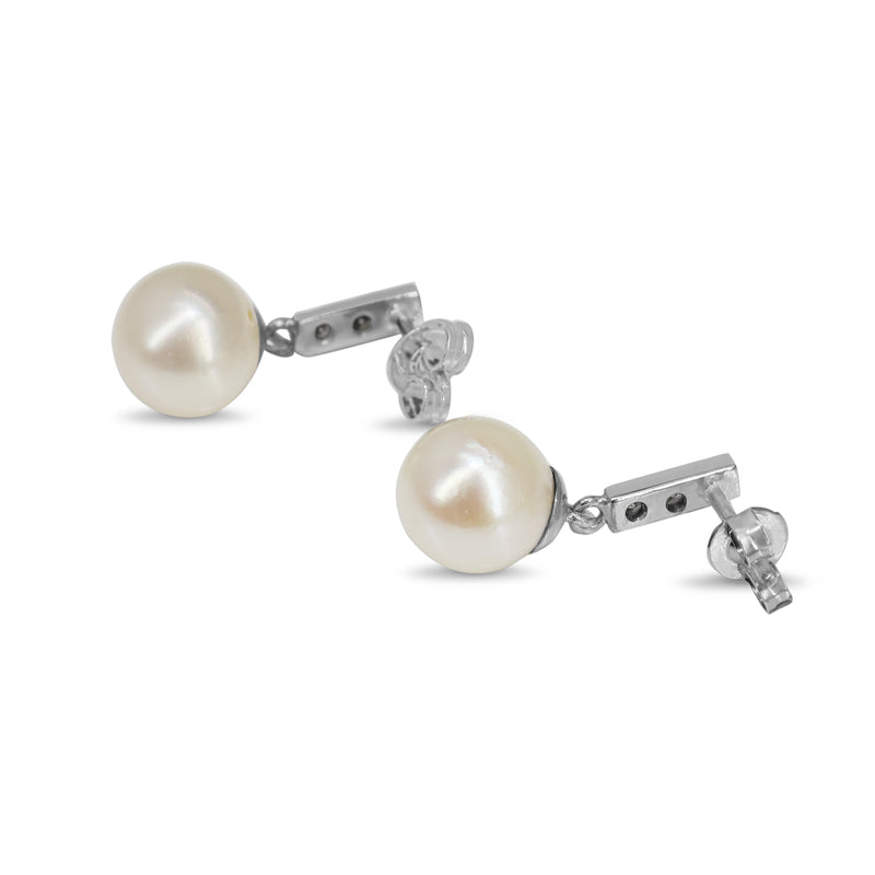 18ct White Gold 8mm Sea Pearls and Diamond Drop Vintage Earrings