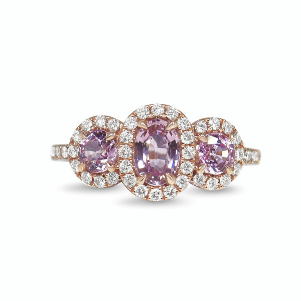 18ct Rose Gold Pink Sapphire 3 Stone Halo Ring
