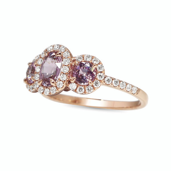 18ct Rose Gold Pink Sapphire 3 Stone Halo Ring