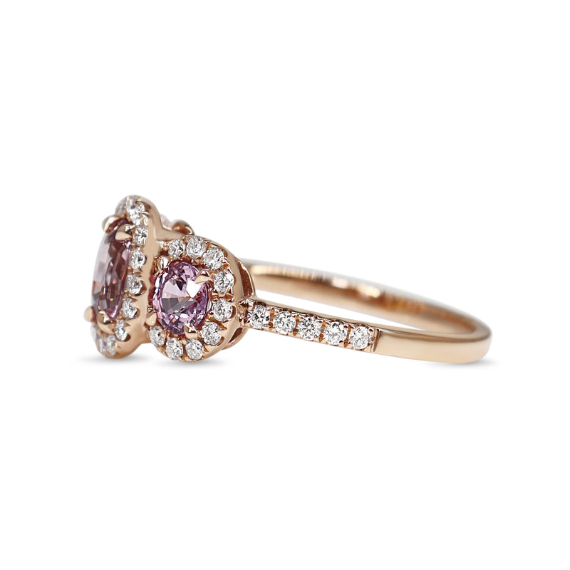 18ct Rose Gold Pink Sapphire 3 Stone Halo Ring