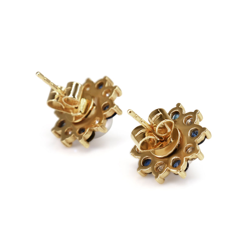 18ct Yellow Gold 6mm Akoya Pearl and Sapphire and Diamond Jacket Halo Earrings
