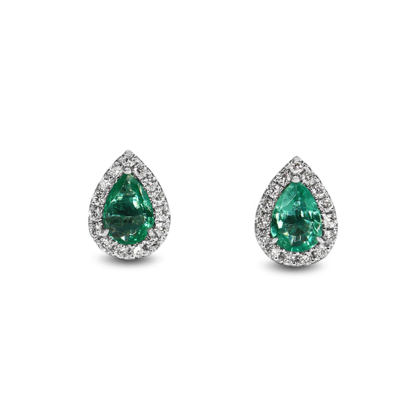 18ct White Gold Pear Shaped Emerald and Diamond Stud Earrings