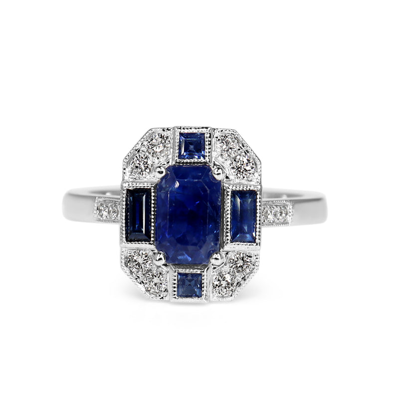 18ct White Gold Sapphire and Diamond Deco Style Ring