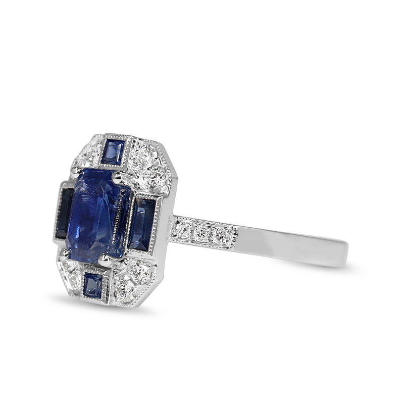 18ct White Gold Sapphire and Diamond Deco Style Ring